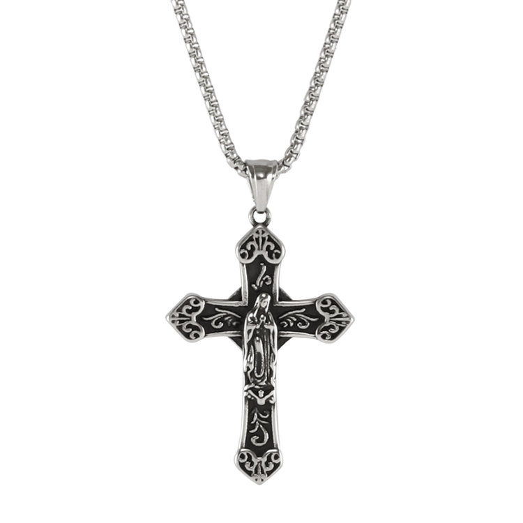 白鋼項鍊，男士項鍊 聖母瑪利亞十字架；神聖典雅的象徵（3311）