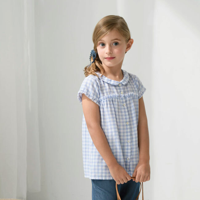 PIPPY 清爽格紋純棉小翻領短袖上衣 水