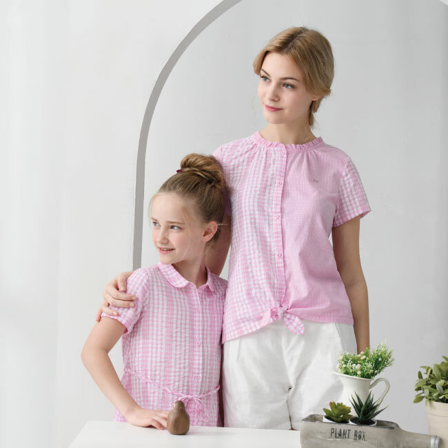 PIPPY 芭比風夢幻格紋拼接短袖襯衫上衣 粉紅