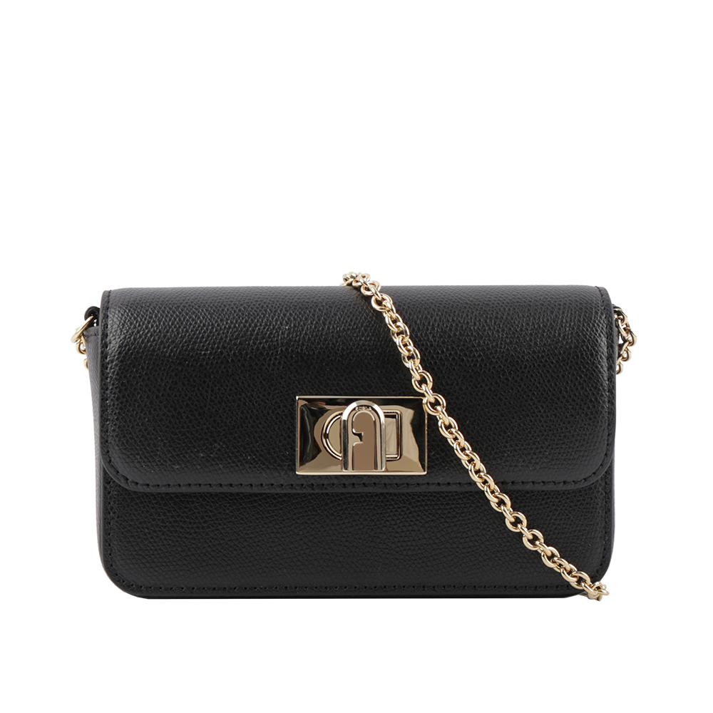 【FURLA】1927 拱門轉釦迷你鏈帶手拿/斜背包(黑色) WE00265 ARE000 O6000