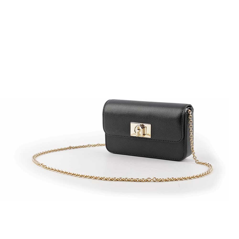 【FURLA】1927 拱門轉釦迷你鏈帶手拿/斜背包(黑色) WE00265 ARE000 O6000