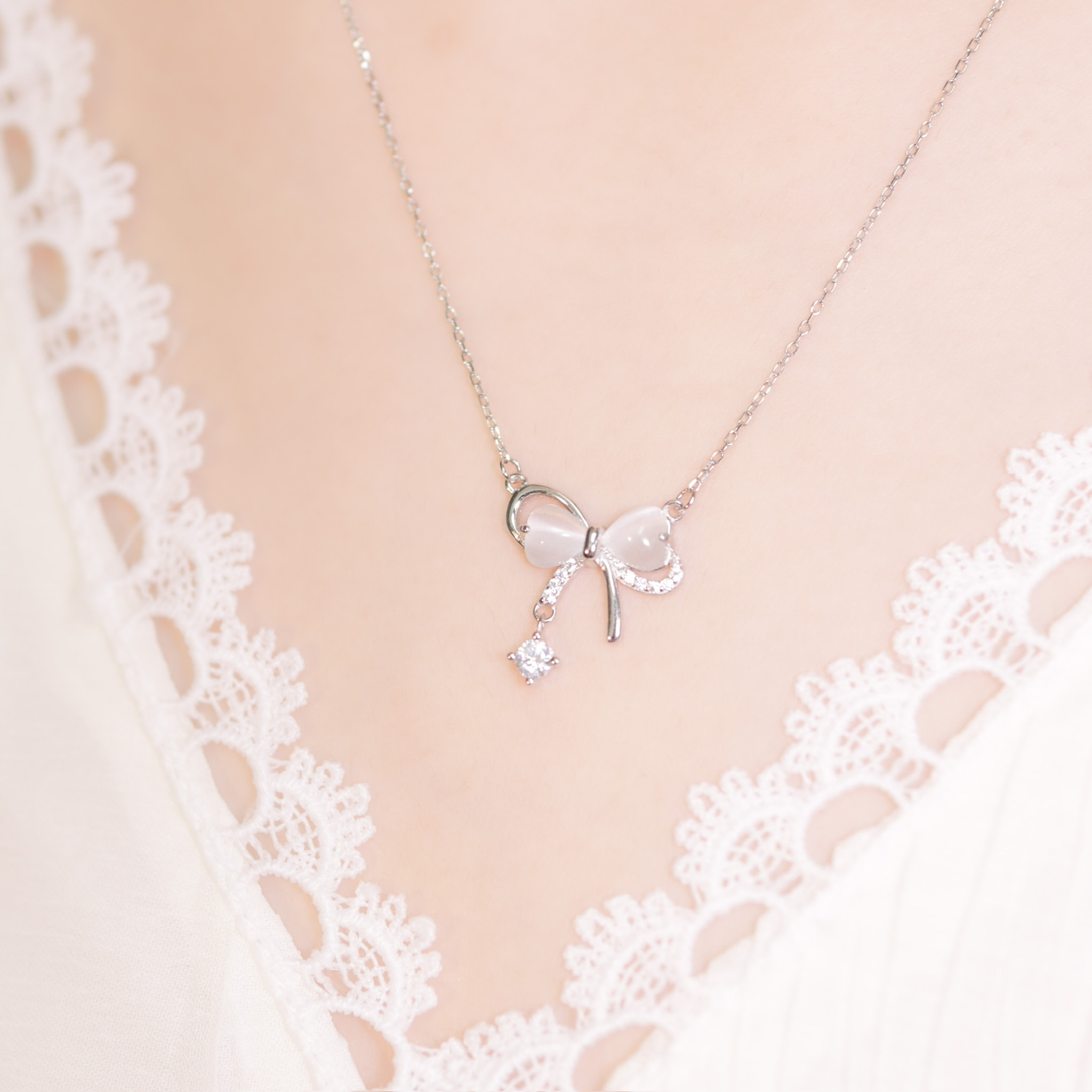 | 925 Silver・ White Gold・Rose Gold | Lovely Bow Necklace （Silver / Rose Gold） | NE0784