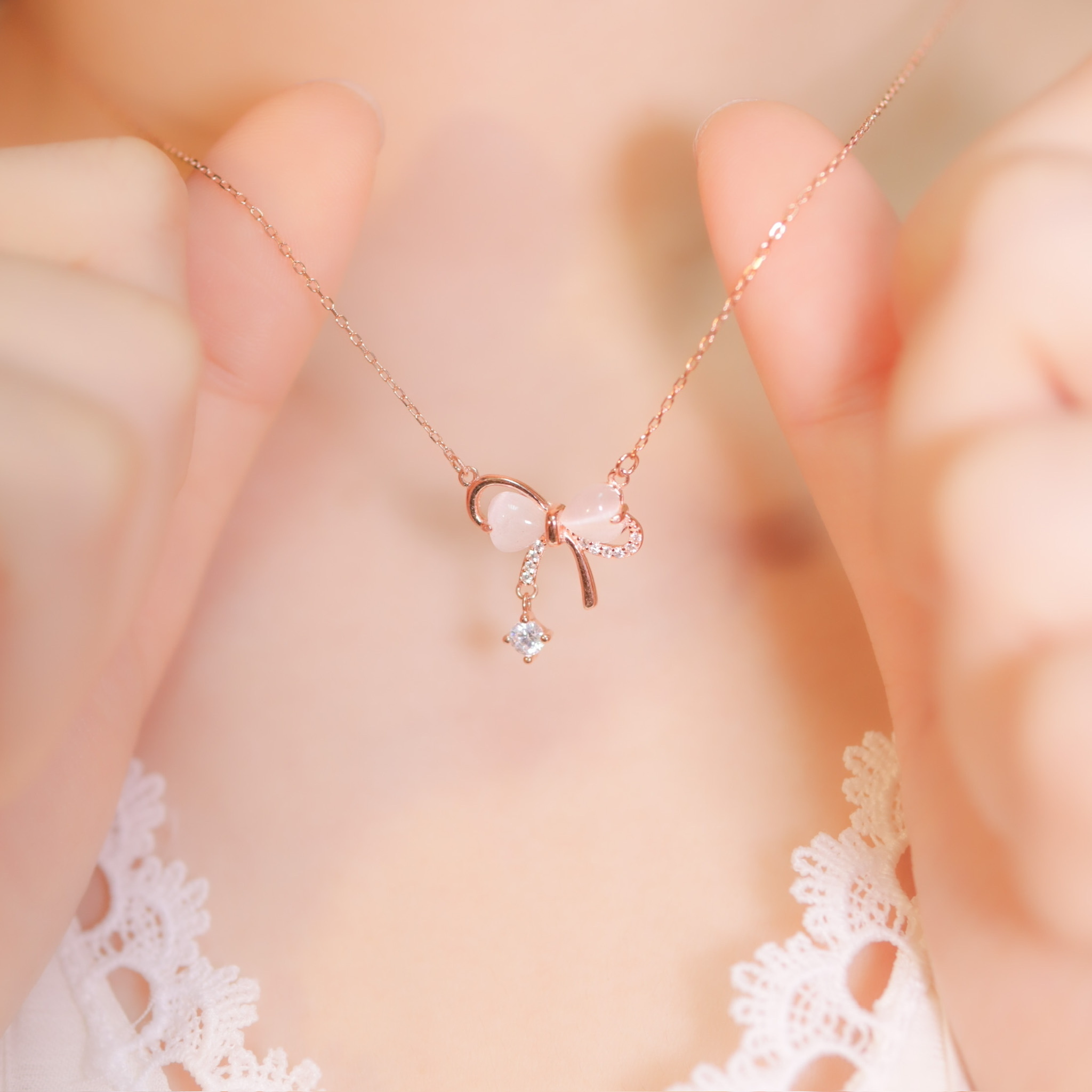 | 925 Silver・ White Gold・Rose Gold | Lovely Bow Necklace （Silver / Rose Gold） | NE0784
