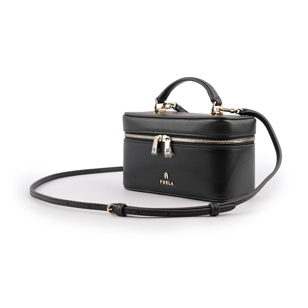 【FURLA】Camelia 素面皮革手提/斜背迷你化妝包(黑色) WE00361 ARE000 O6000