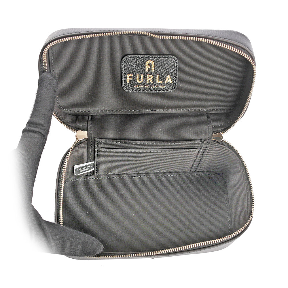 【FURLA】Camelia 素面皮革手提/斜背迷你化妝包(黑色) WE00361 ARE000 O6000