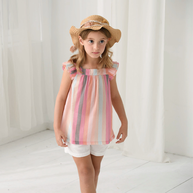 PIPPY 俏麗直條荷葉邊彈性棉方領一分袖上衣 粉紅