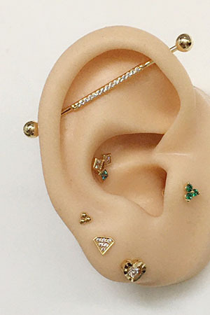 14K Gold Industrial Barbell with 15 CZ