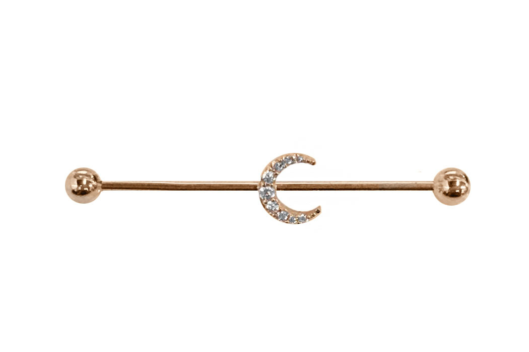 14K Gold Industrial Barbell with CZ Moon