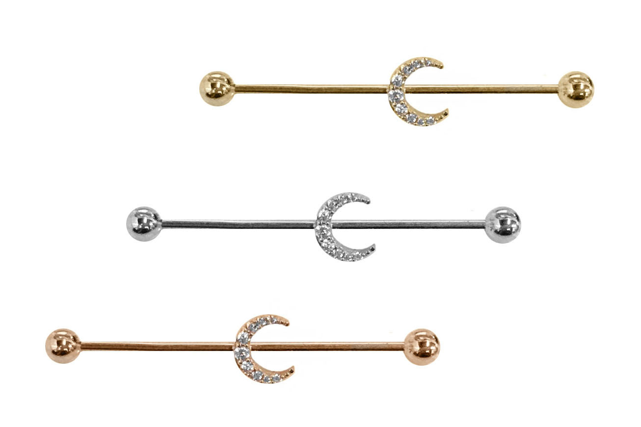 14K Gold Industrial Barbell with CZ Moon
