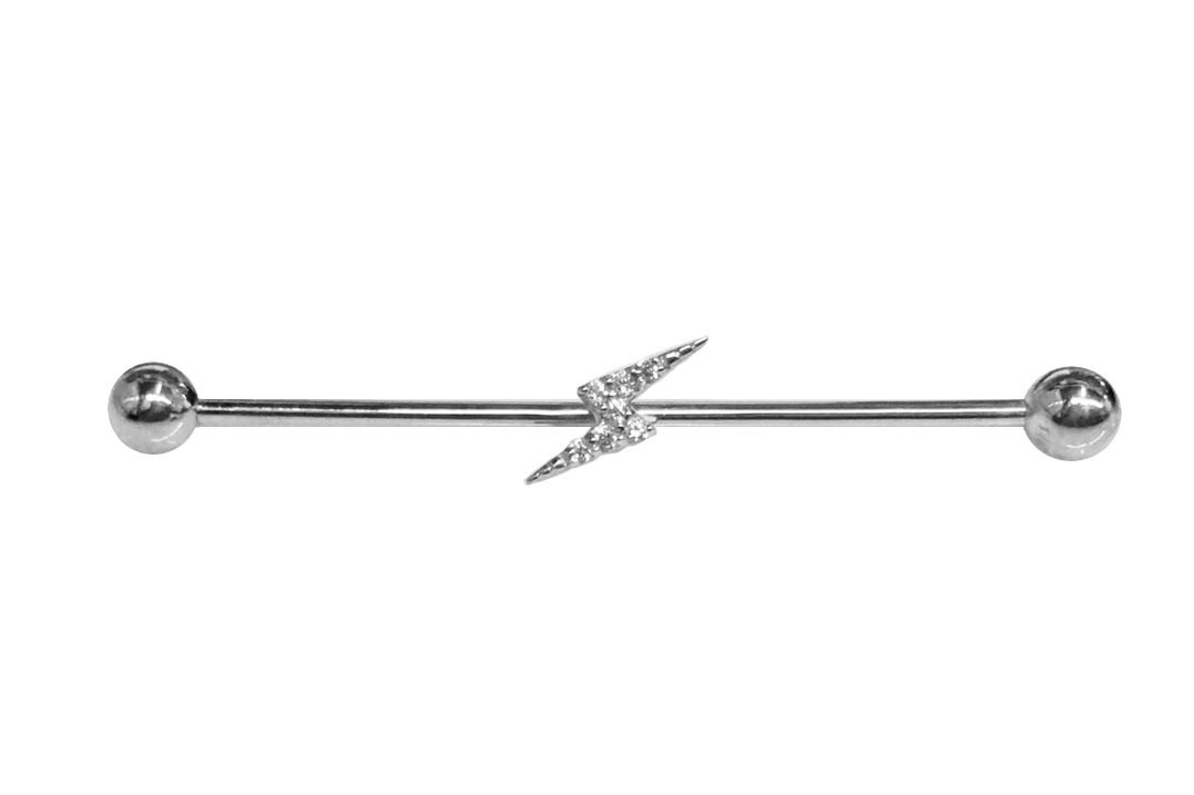 14K Gold Industrial Barbell with CZ Lightning