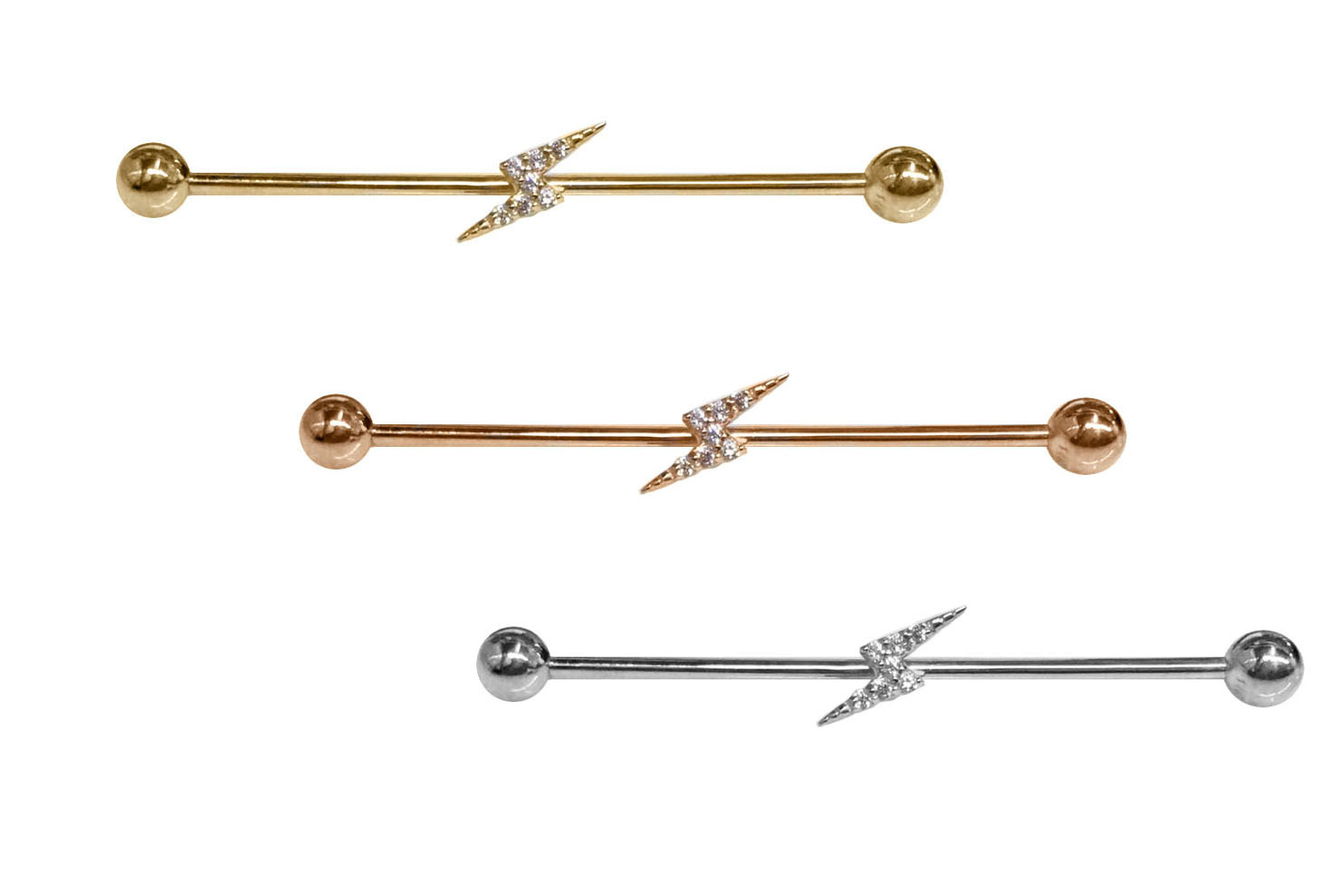 14K Gold Industrial Barbell with CZ Lightning