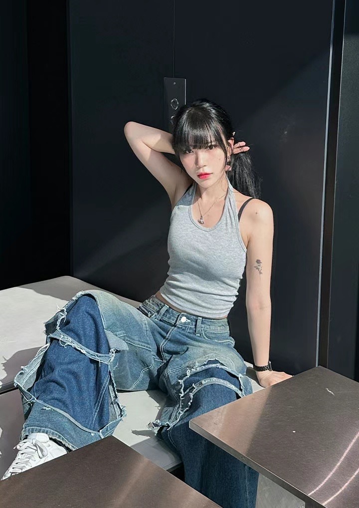 🇰🇷韓國 撞色 破壞感 刷色 牛仔長褲