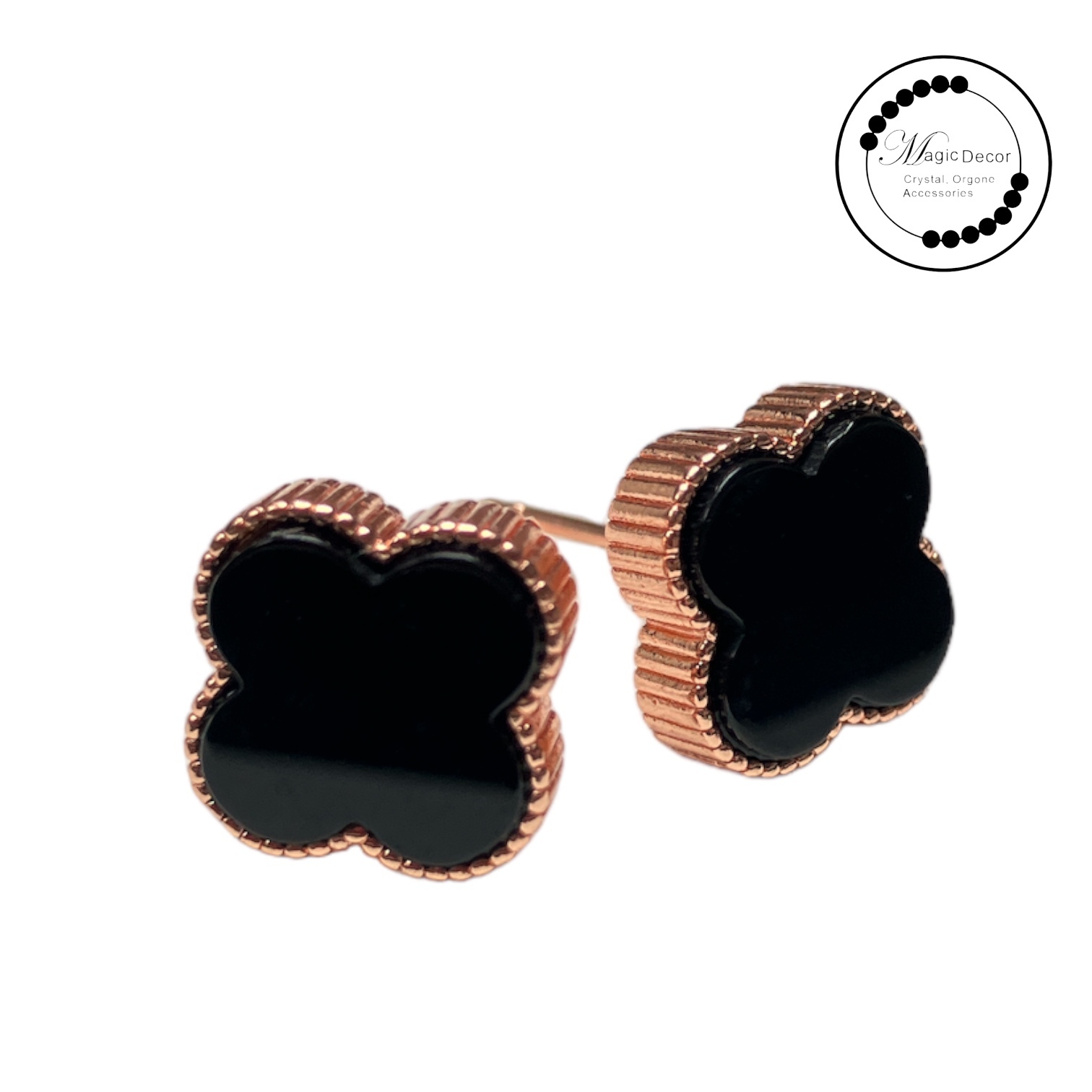 231102-a22 黑碧璽四葉草玫瑰金耳釘1對