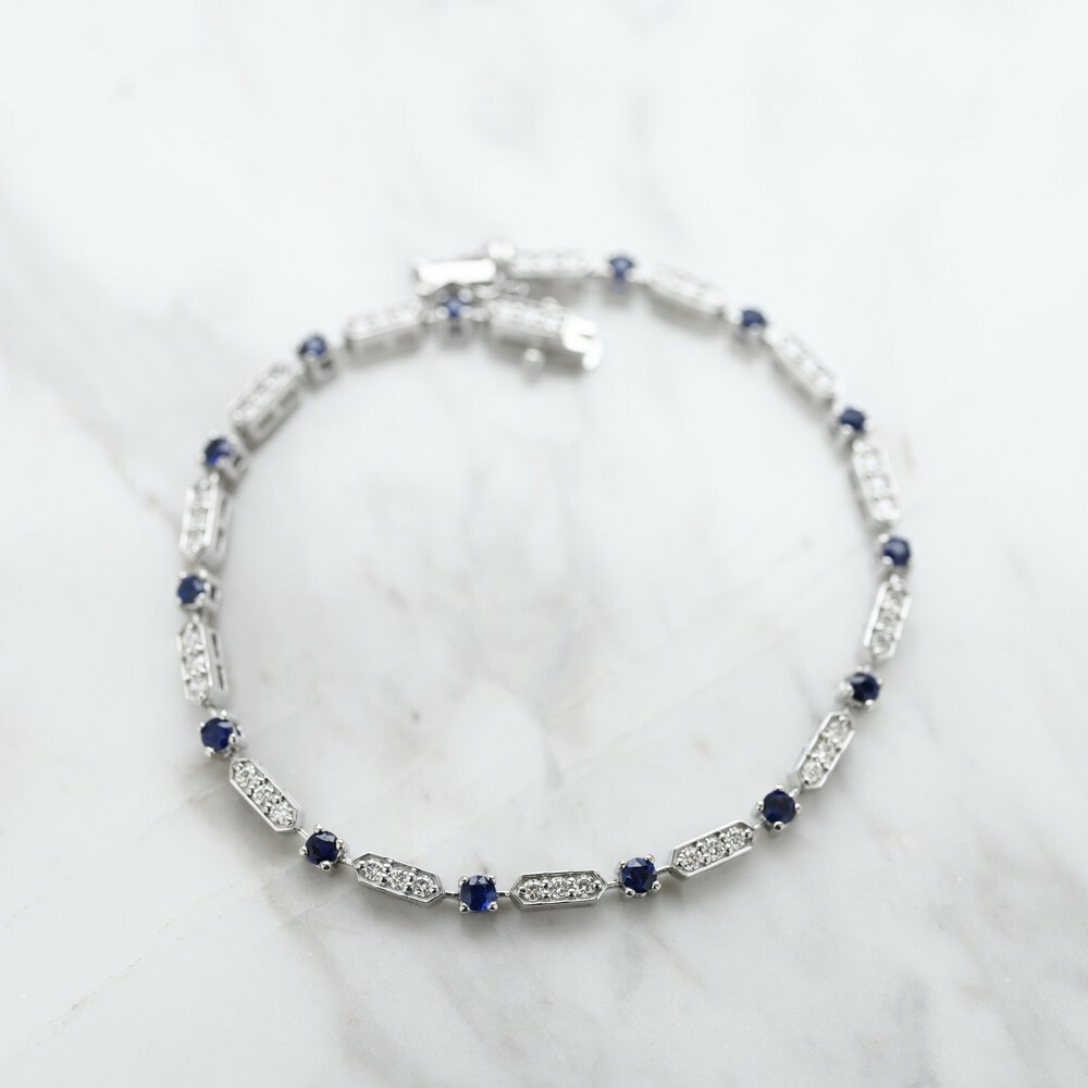 18K Hexagon Blue Sapphire Diamond Tennis Bracelet