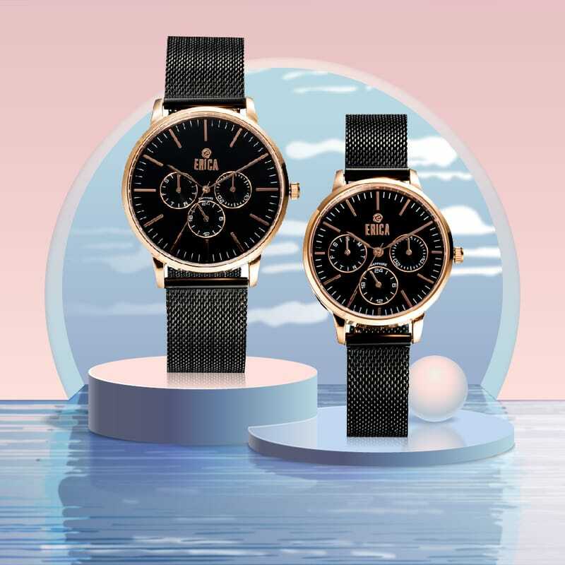 情人節禮物手錶推薦-ERICA輕奢華刻度三眼不鏽鋼米蘭錶帶情人對錶(型號ER-22系列)黑色