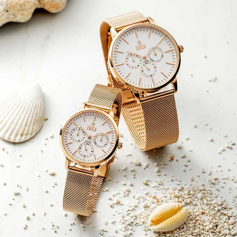 情人節禮物手錶推薦-ERICA輕奢華刻度三眼不鏽鋼米蘭錶帶情人對錶(型號ER-22系列)金色