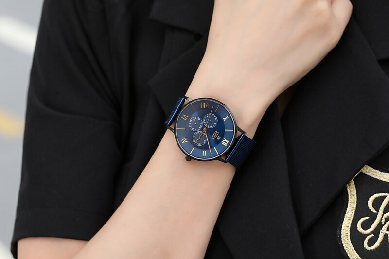 情人節禮物手錶推薦-ERICA限量米蘭羅馬數字三眼不鏽鋼情人對錶-質感藍