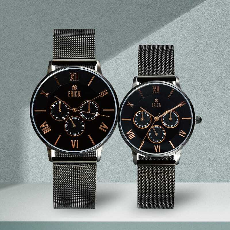 情人節禮物手錶推薦-ERICA羅馬數字三眼不鋼帶米蘭錶帶情人對錶組-黑底黑框