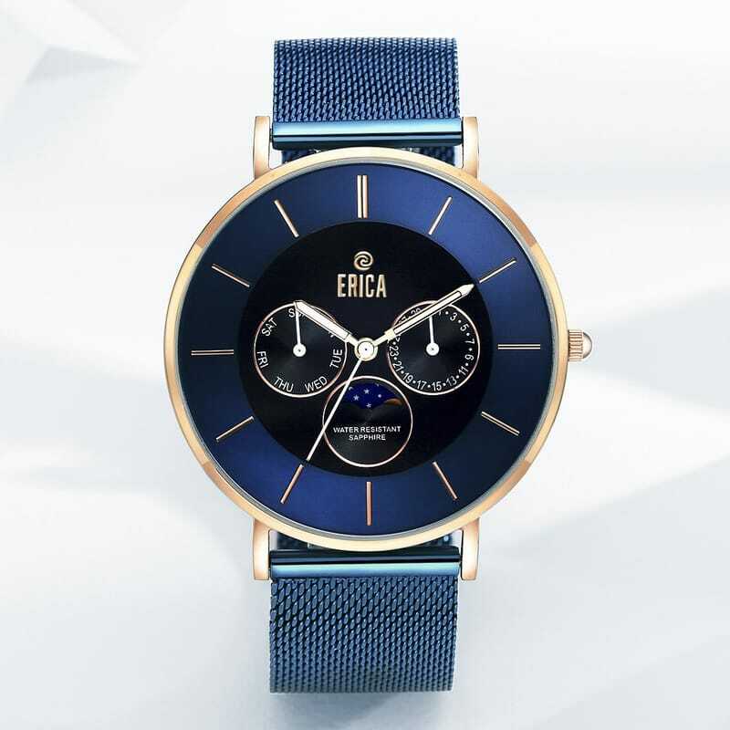 情人節禮物手錶推薦-ERICA時尚三眼月象錶38mm(型號ER-23-RBM)質感藍色