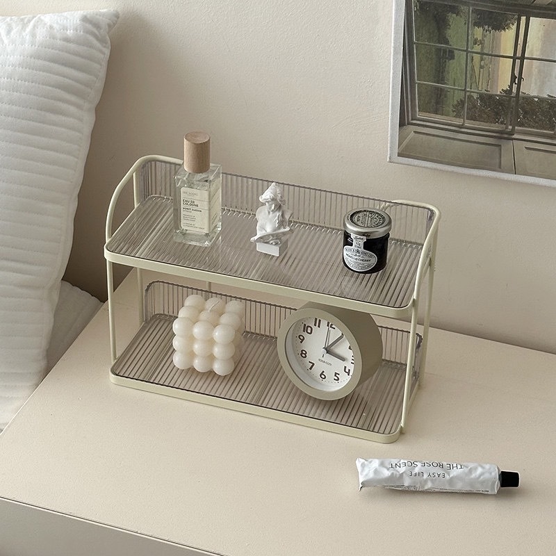 奶油風雙層鐵件透明化妝品收納架擺件