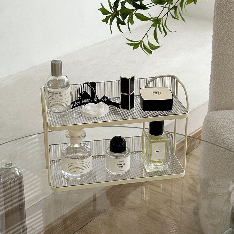 奶油風雙層鐵件透明化妝品收納架擺件