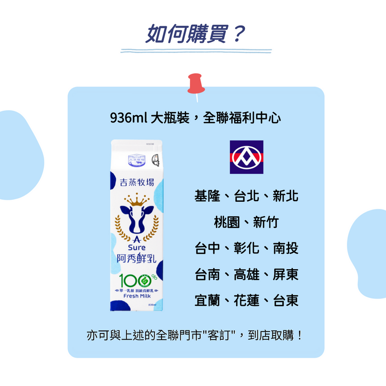 吉蒸牧場阿秀鮮乳哪裡買?可到全聯，與門市人員客訂取購。