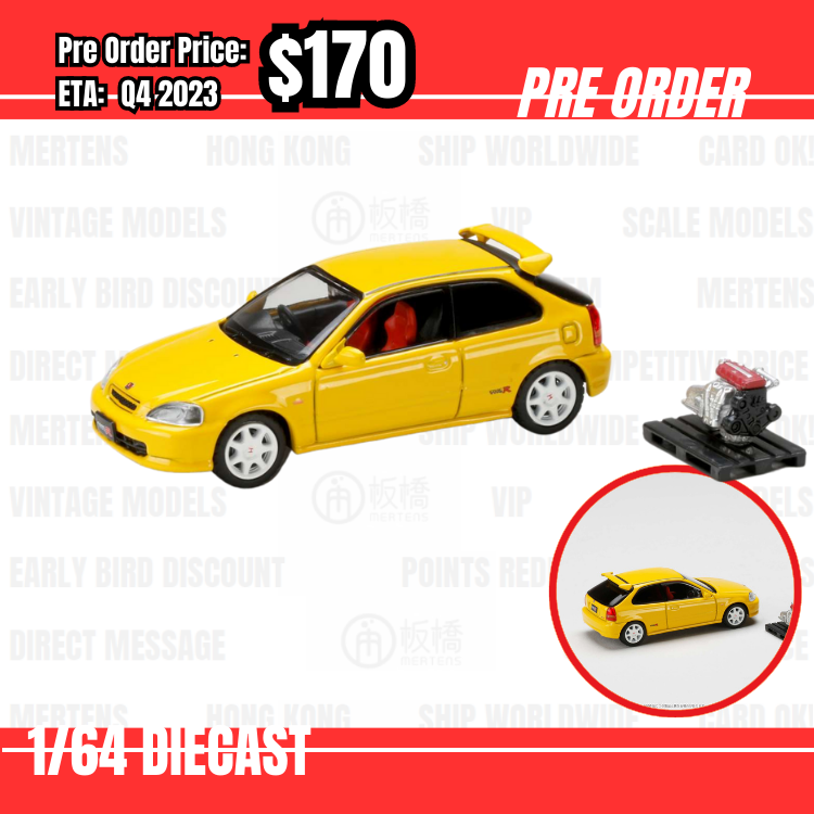 PO-$170 * Hobby Japan * 1:64 Honda CIVIC TYPE R (E-EK9) 1997 with Engine Display Model Yellow HJ643016AY [07/07]