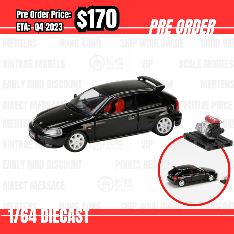 PO-$170 * Hobby Japan * 1:64 Honda CIVIC TYPE R (E-EK9) 1997 with Engine Display Model Pearl Black HJ643016ABK [07/07]