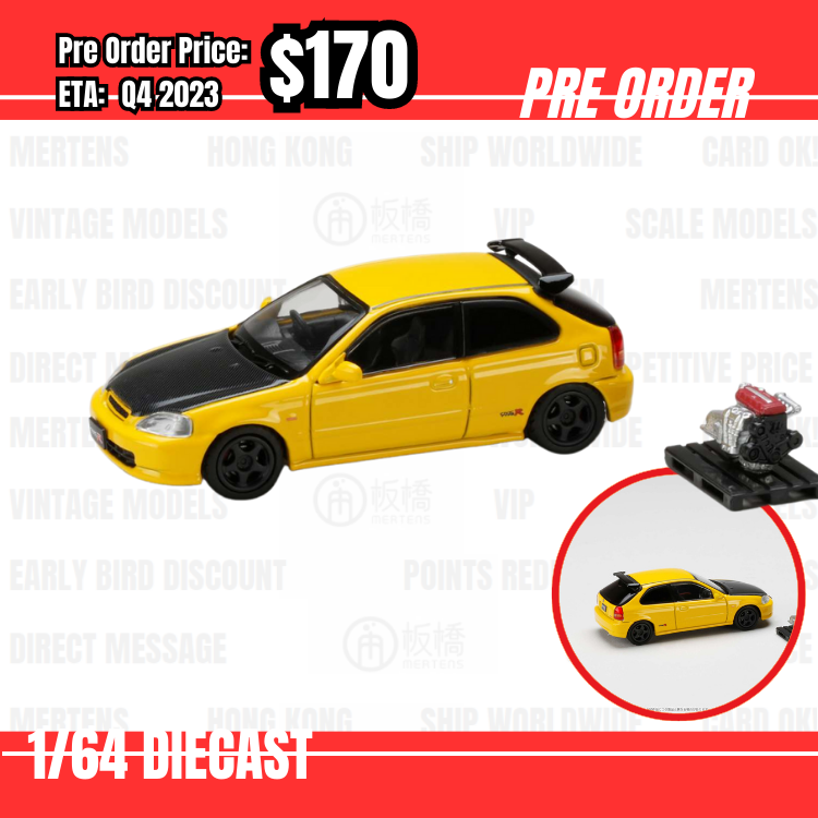 PO-$170 * Hobby Japan * 1:64 Honda CIVIC TYPE R (E-EK9) 1997 Customized Ver. with Engine Display Model Yellow HJ643016BY [07/07]