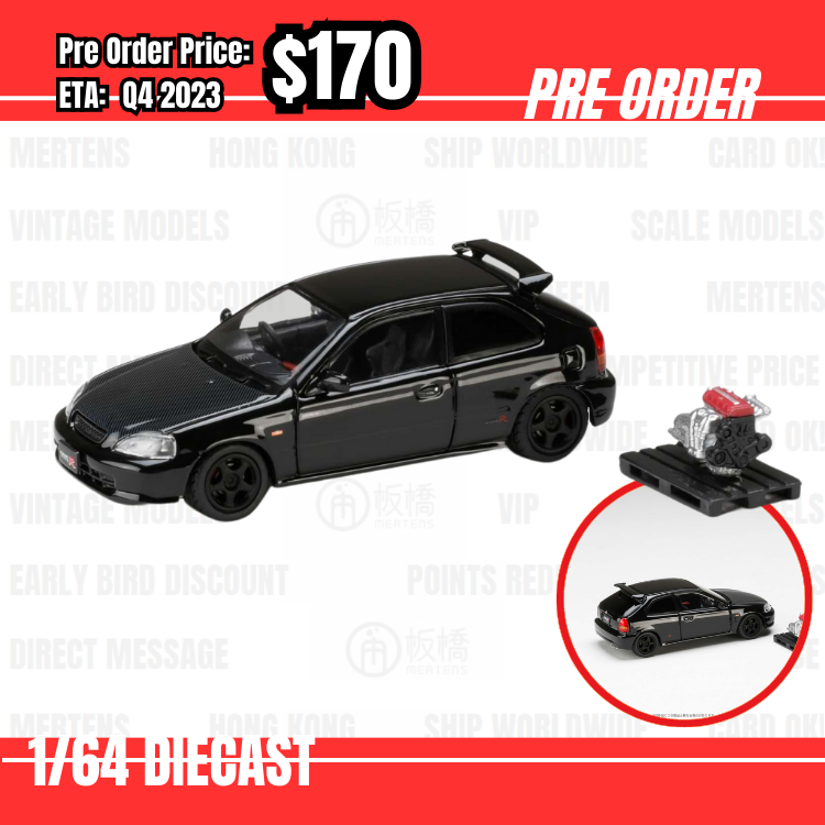 PO-$170 * Hobby Japan * 1:64 Honda CIVIC TYPE R (E-EK9) 1997 Customized Ver. with Engine Display Model Black Pearl HJ643016BBK [07/07]