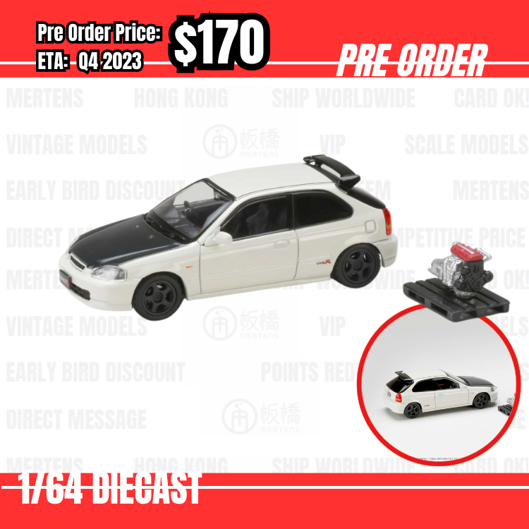 PO-$170 * Hobby Japan * 1:64 Honda CIVIC TYPE R (E-EK9) 1997 Customized Ver. with Engine Display Model Championship White HJ643016BW [07/07]
