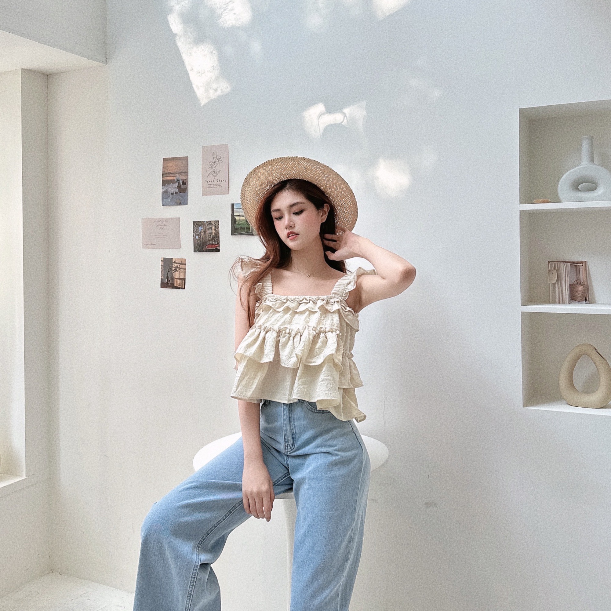 荷葉蕾絲壓紋寬肩蛋糕背心/三色