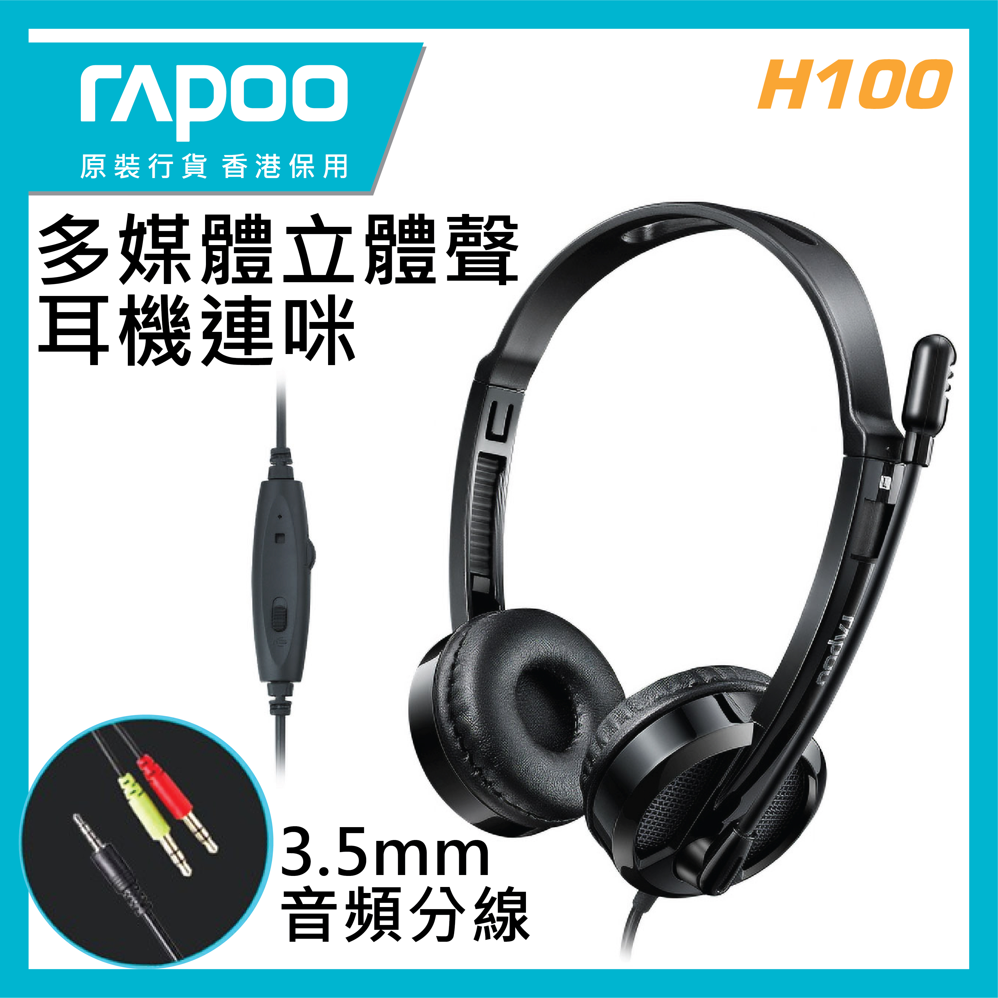 Rapoo - H100 3.5mm 多媒體立體聲耳機連咪 附送音頻分線  (香港行貨 1年保養)
