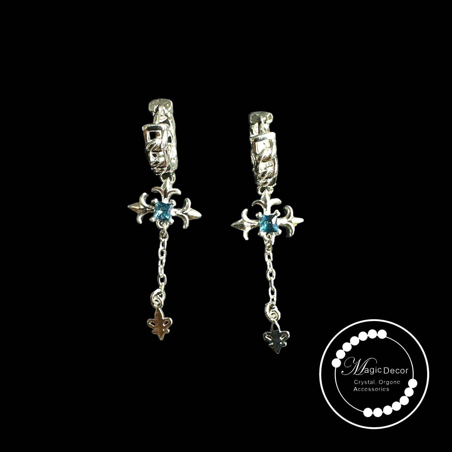 0708-B71 十字架倫敦藍托珀石CH款耳圈1對