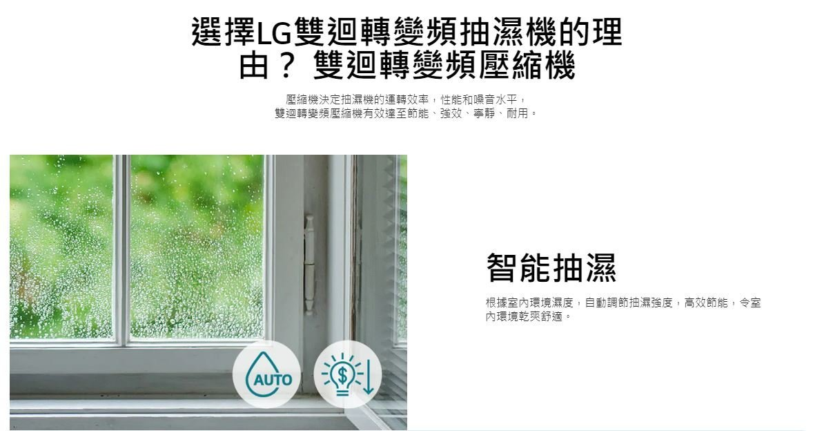 LG MD19GQGA1抽濕機正面照片 效能展示圖 節能設計 操作介面示意圖 適用場所與用途說明