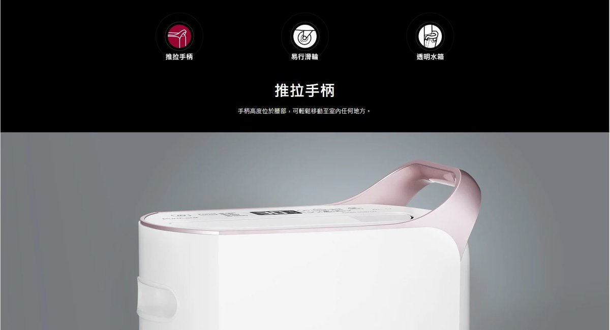 LG MD19GQGA1抽濕機正面照片 效能展示圖 節能設計 操作介面示意圖 適用場所與用途說明