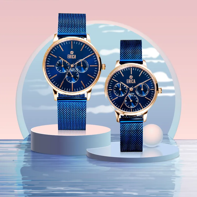 情人節禮物手錶推薦-ERICA輕奢華刻度三眼不鏽鋼米蘭錶帶情人對錶(型號ER-22系列)藍色