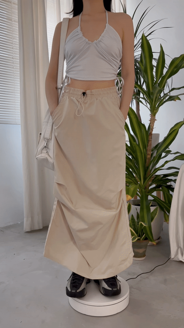 條紋打褶中長裙組合