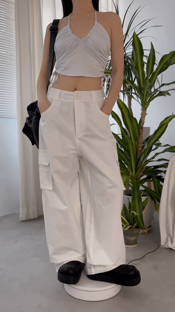 天絲棉白色工裝褲組合