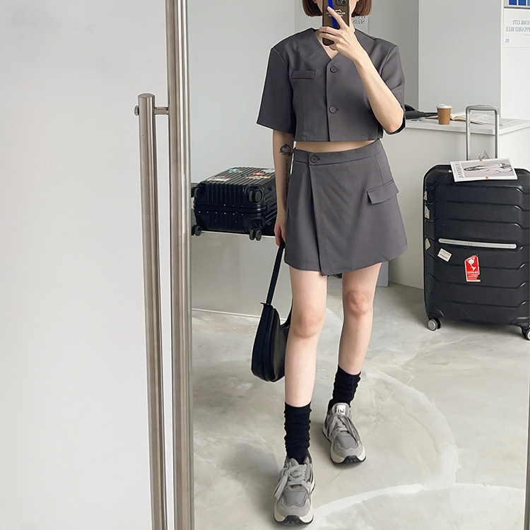 知性V領褲裙套裝