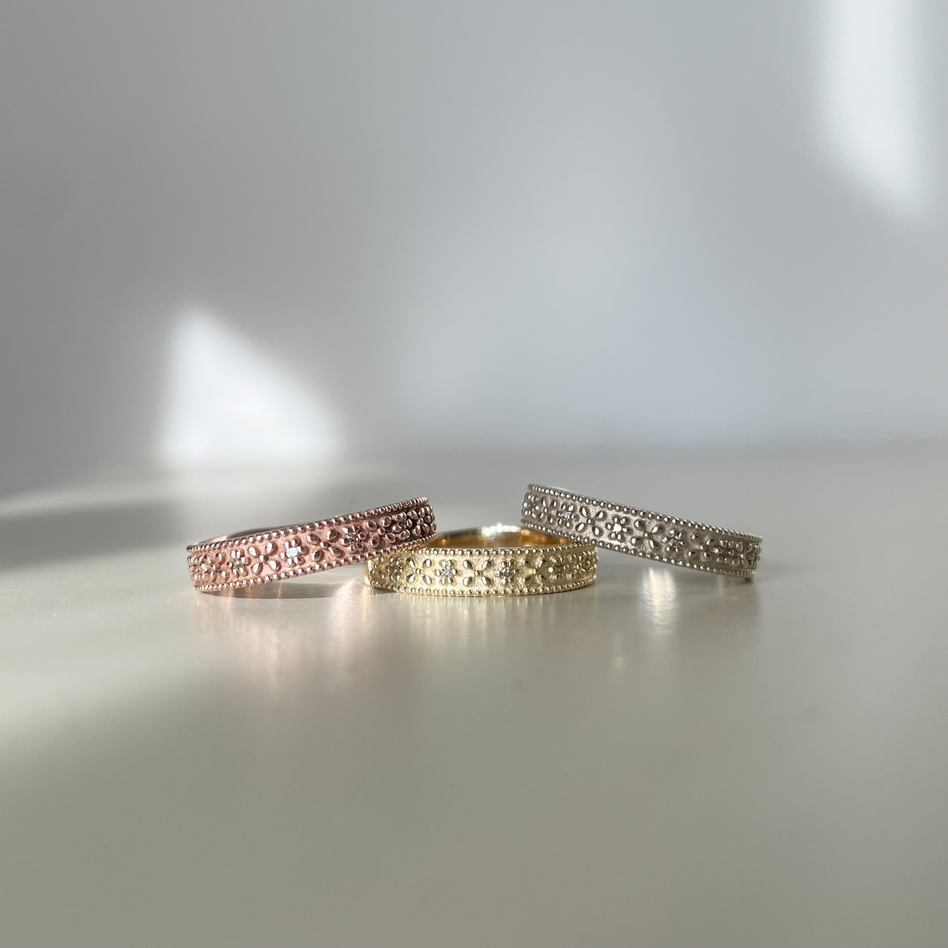 14k復古花紋真鑽微寬戒指