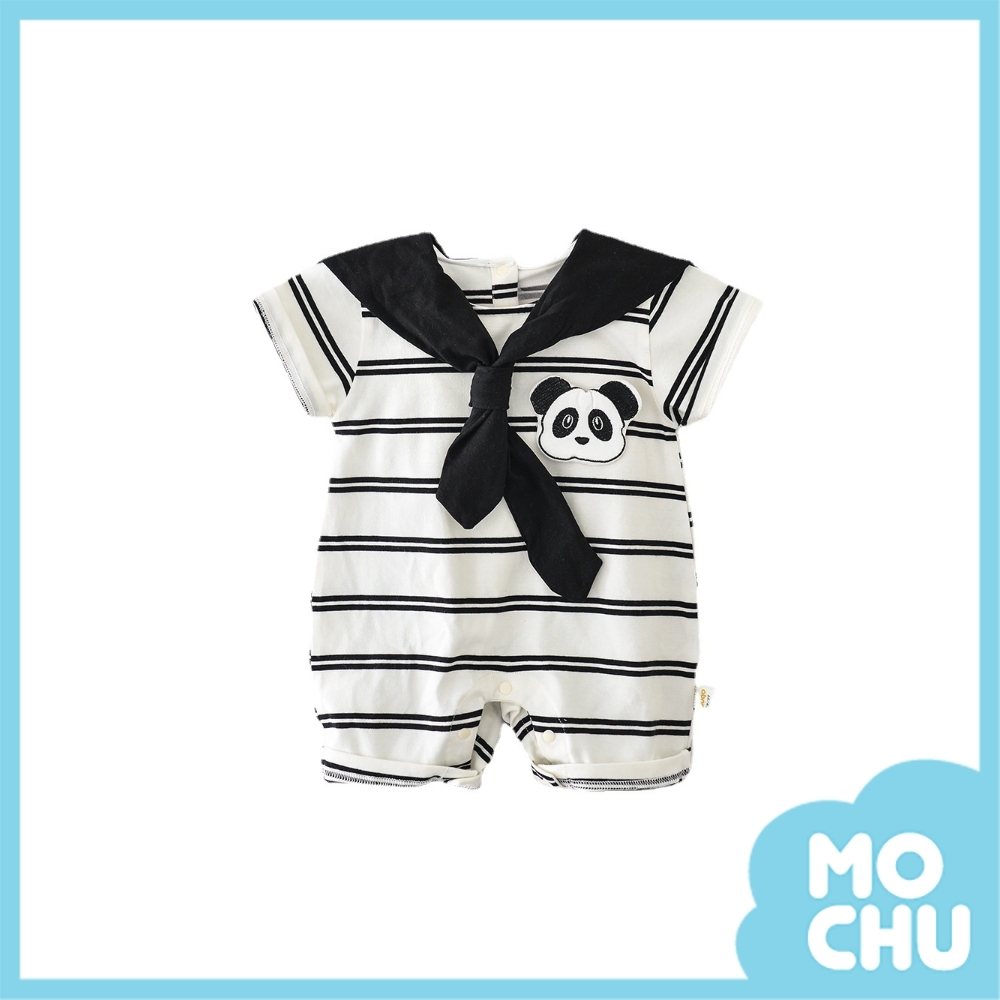 黑白熊貓條紋短袖包屁衣