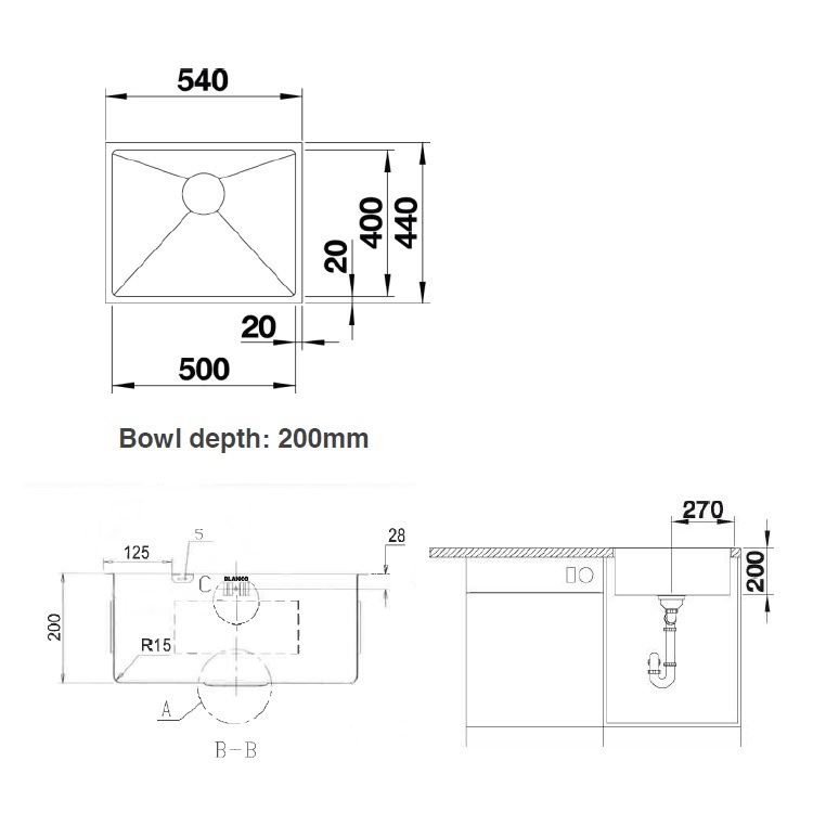 Blanco "Quatrus R15 500-U" 235642 Stainless Steel kitchen sink with 236268 Waste Kit
