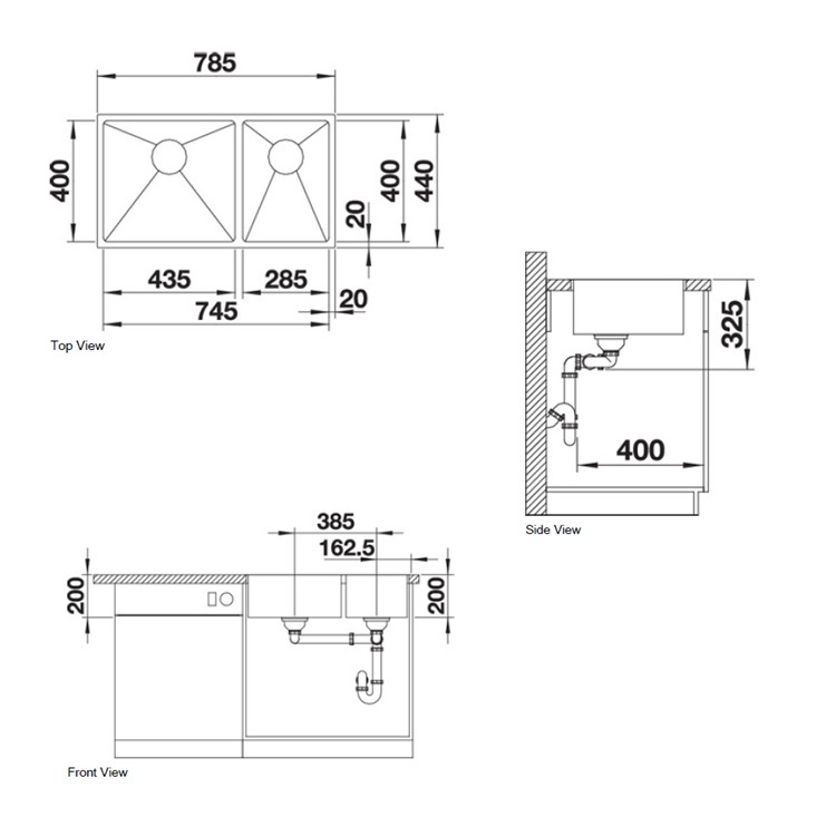 Blanco "Quatrus R15 435/285-U" 235647 Stainless Steel kitchen sink with 236264 Waste Kit (Main Bowl Left)
