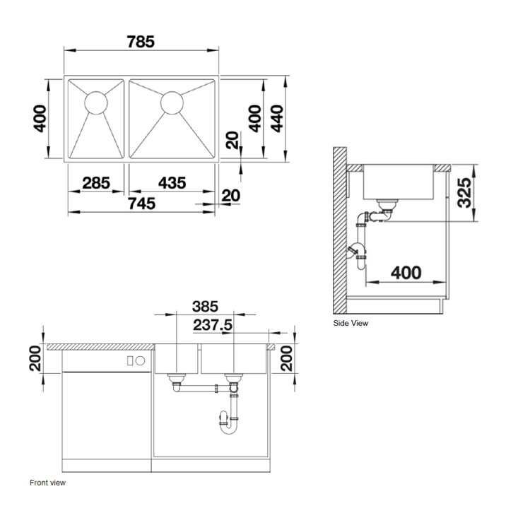 Blanco "Quatrus R15 435/285-U" 235650 Stainless Steel kitchen sink with 236264 Waste Kit (Main Bowl Right)