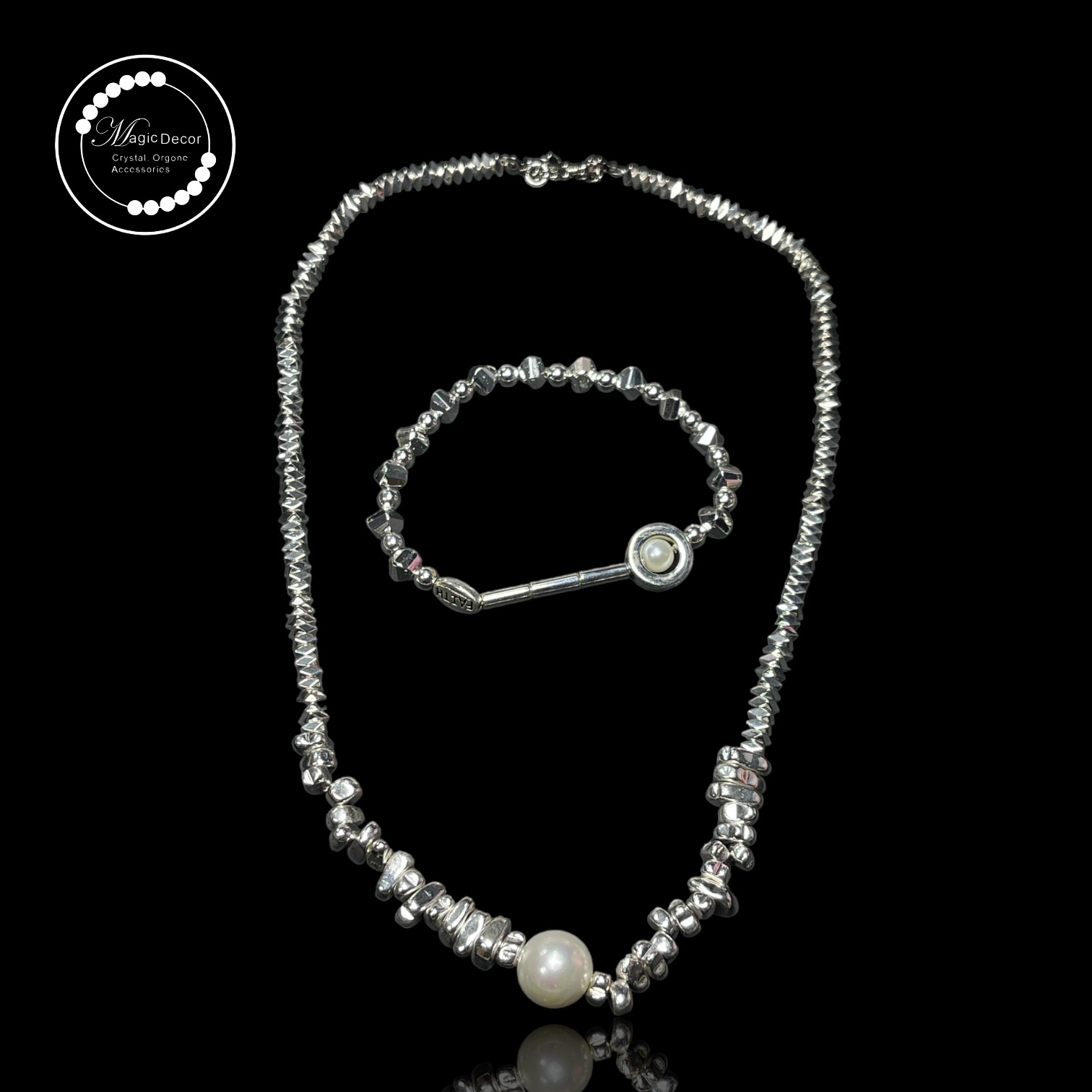 250703 - A24 黑膽石白銀電鍍貝珠頸鏈+手串（套裝）