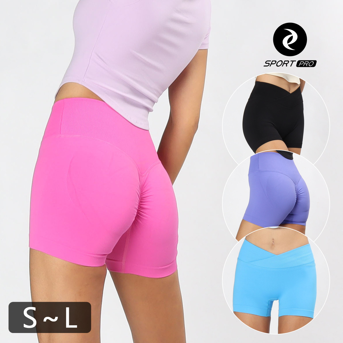 收腰V型交疊直紋豐臀兩分瑜珈/運動/機能短褲*