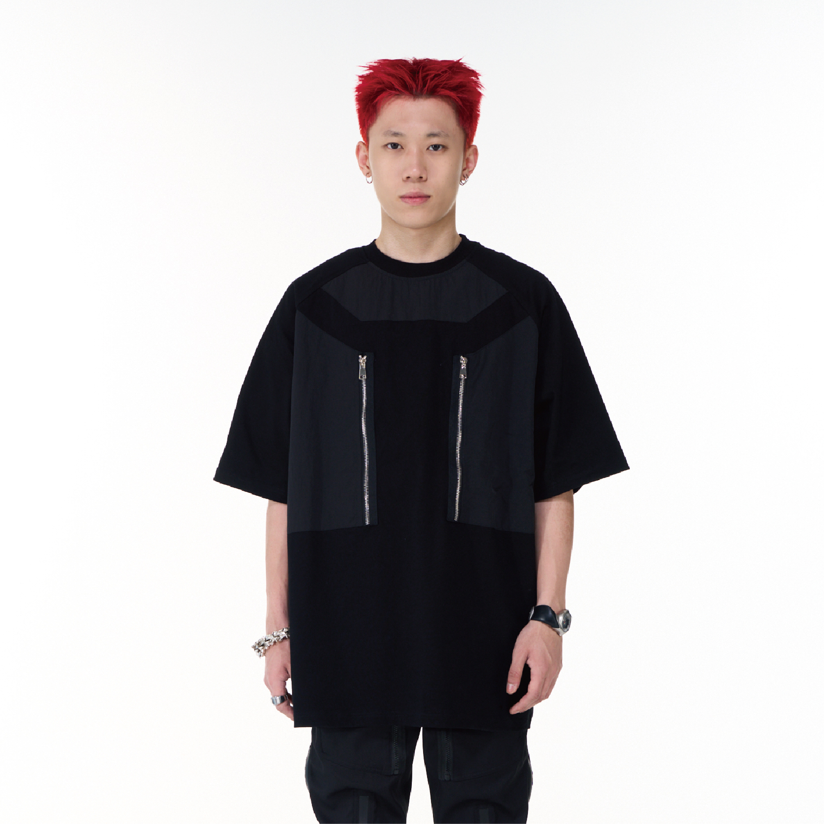 PUPIL TRAVE 重磅拉鍊拼接純棉短袖T卹