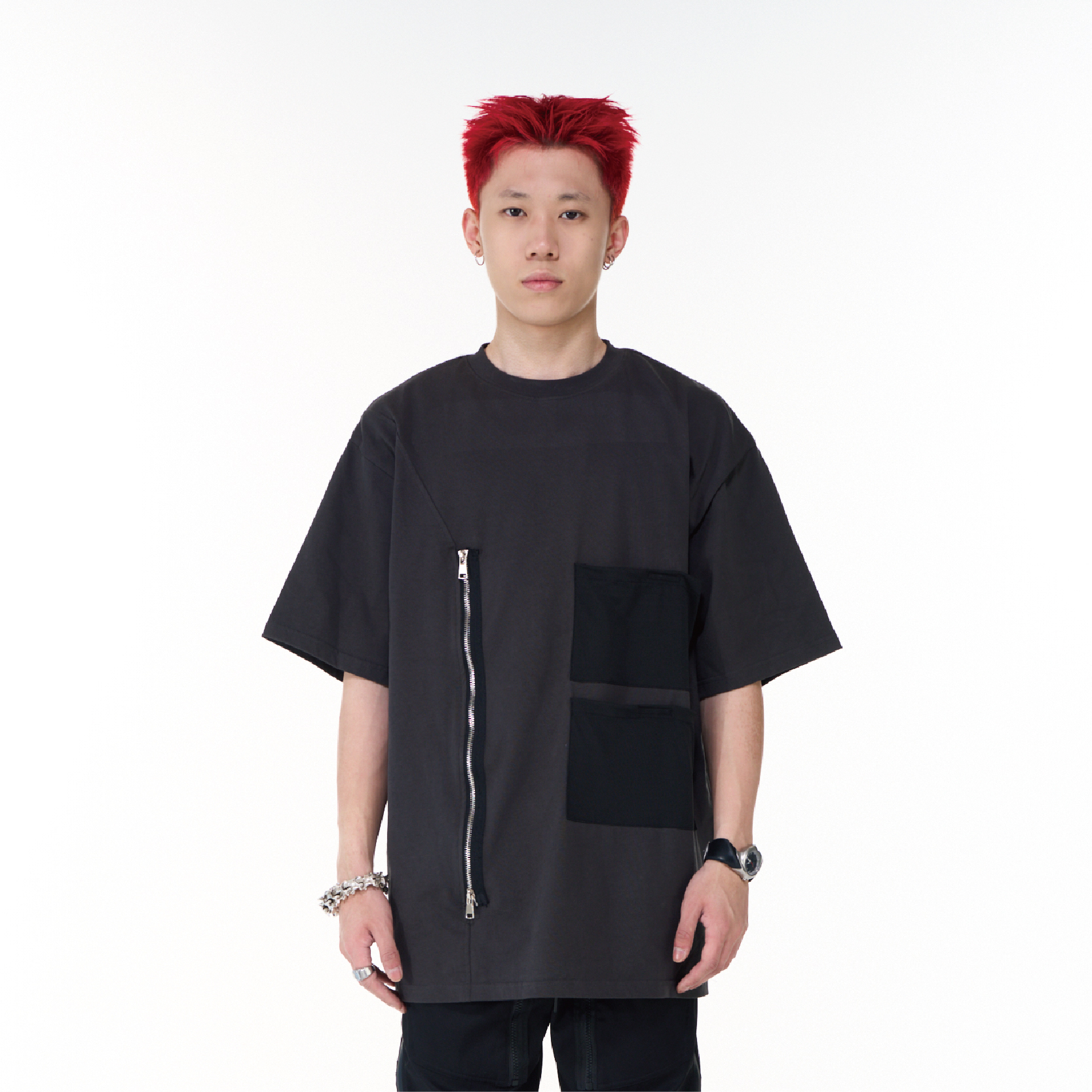 PUPIL TRAVE 重磅拉鍊網布拼接純棉短袖T卹