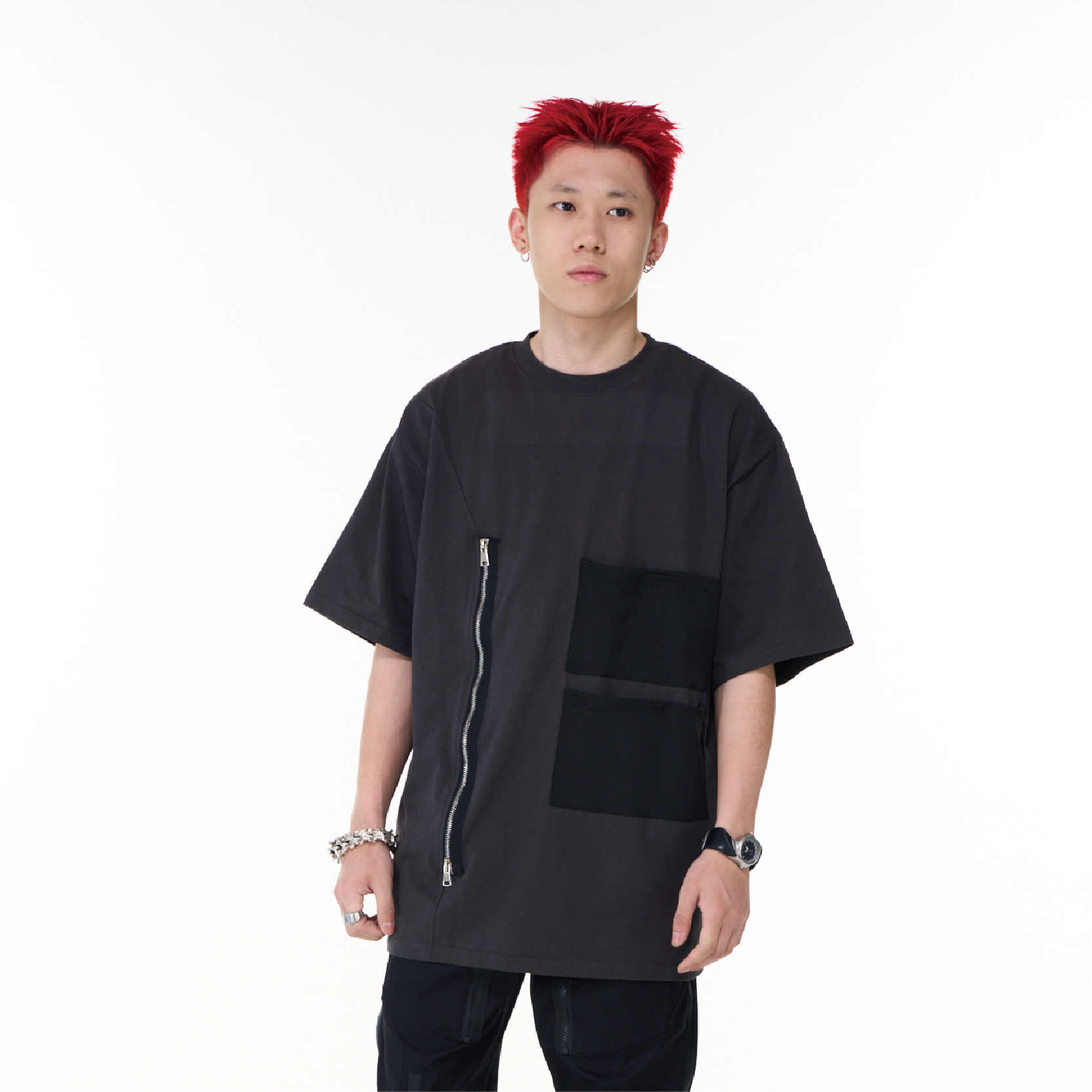 PUPIL TRAVE 重磅拉鍊網布拼接純棉短袖T卹